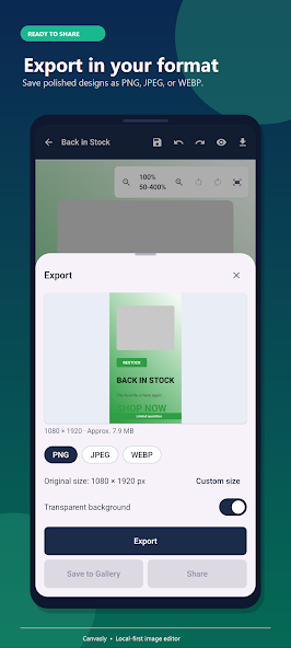 Canvasly export settings with PNG, JPEG, and WebP format choices